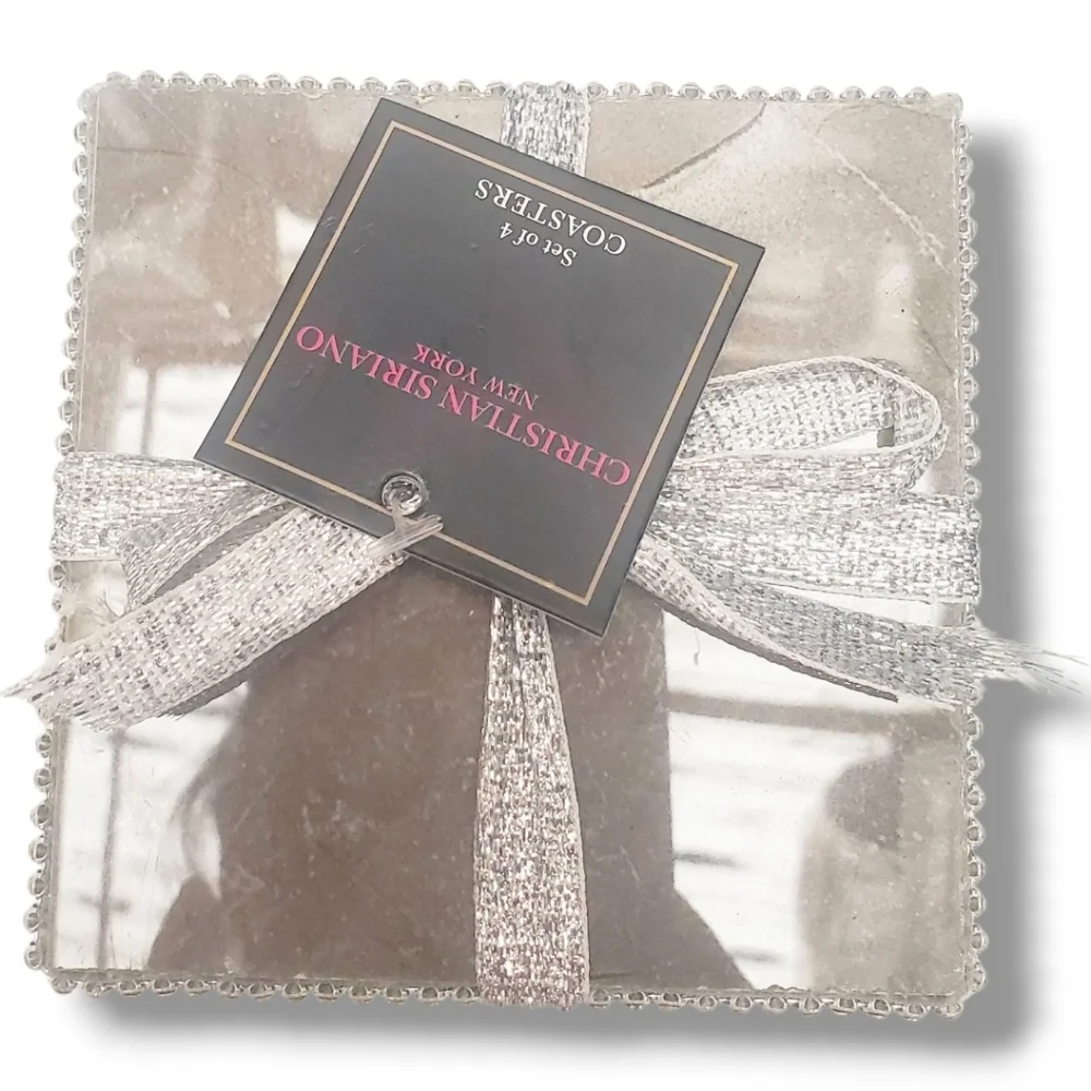 New Christian Siriano New York Beaded Edge Coasters Set of 4 Elegant Gray Marble